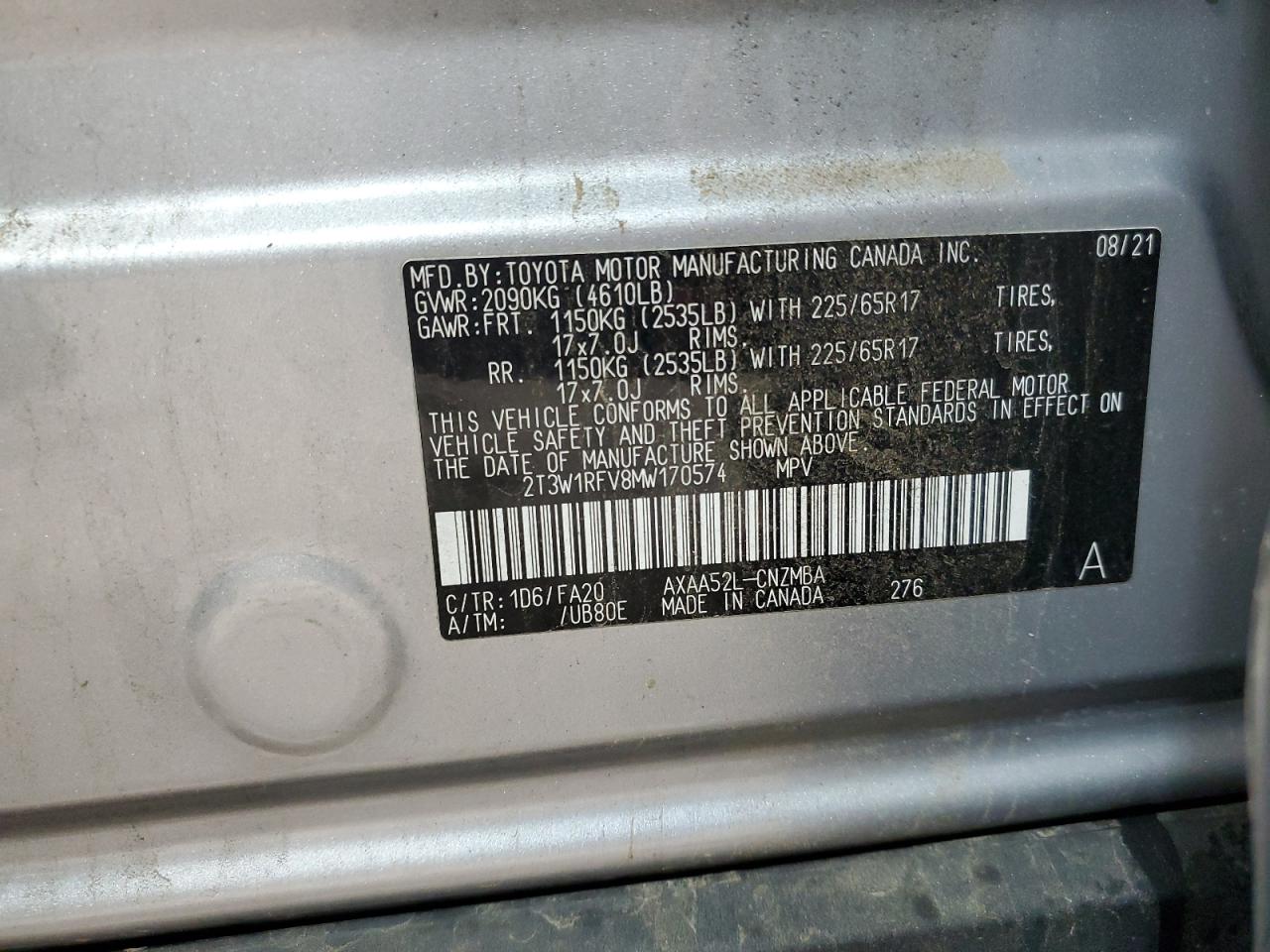 2021 Toyota Rav4 Xle VIN: 2T3W1RFV8MW170574 Lot: 64689494