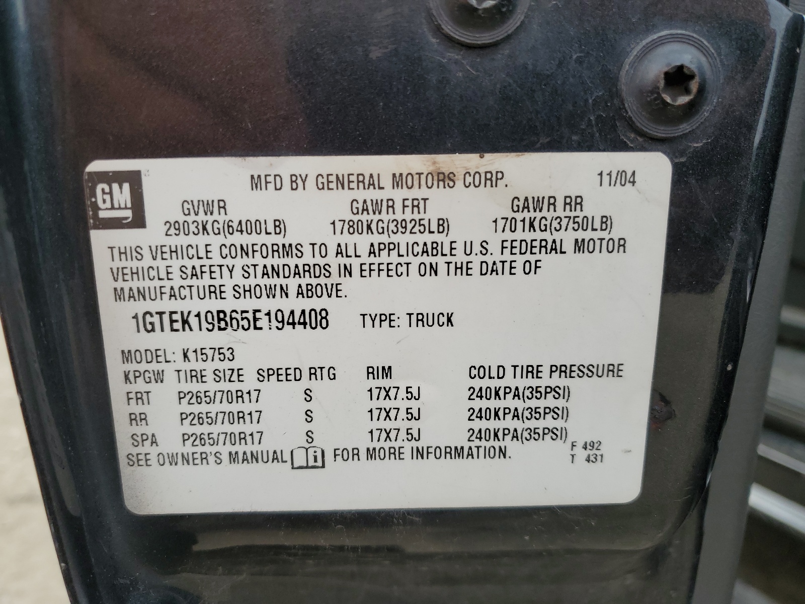 1GTEK19B65E194408 2005 GMC New Sierra K1500