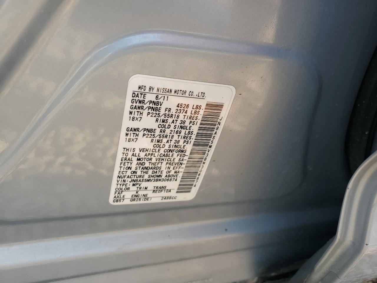 2011 Nissan Rogue S VIN: JN8AS5MV3BW306874 Lot: 63288064