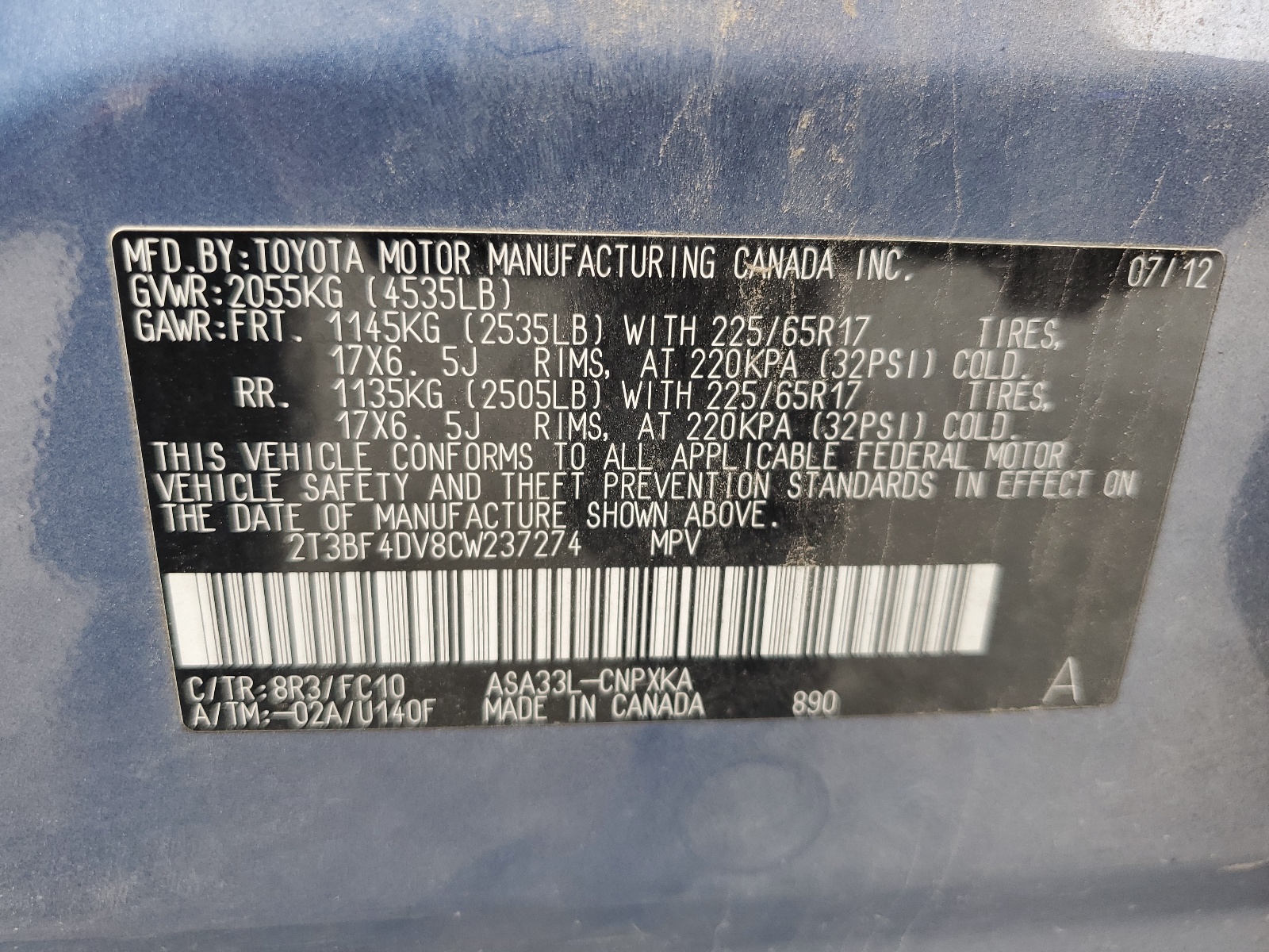 2T3BF4DV8CW237274 2012 Toyota Rav4