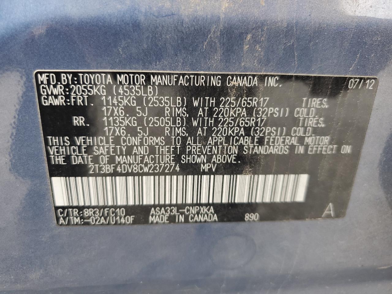 2012 Toyota Rav4 VIN: 2T3BF4DV8CW237274 Lot: 64259304