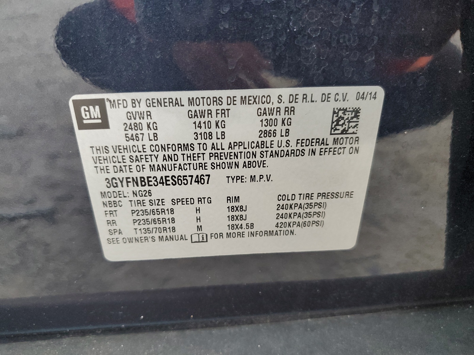 3GYFNBE34ES657467 2014 Cadillac Srx Luxury Collection