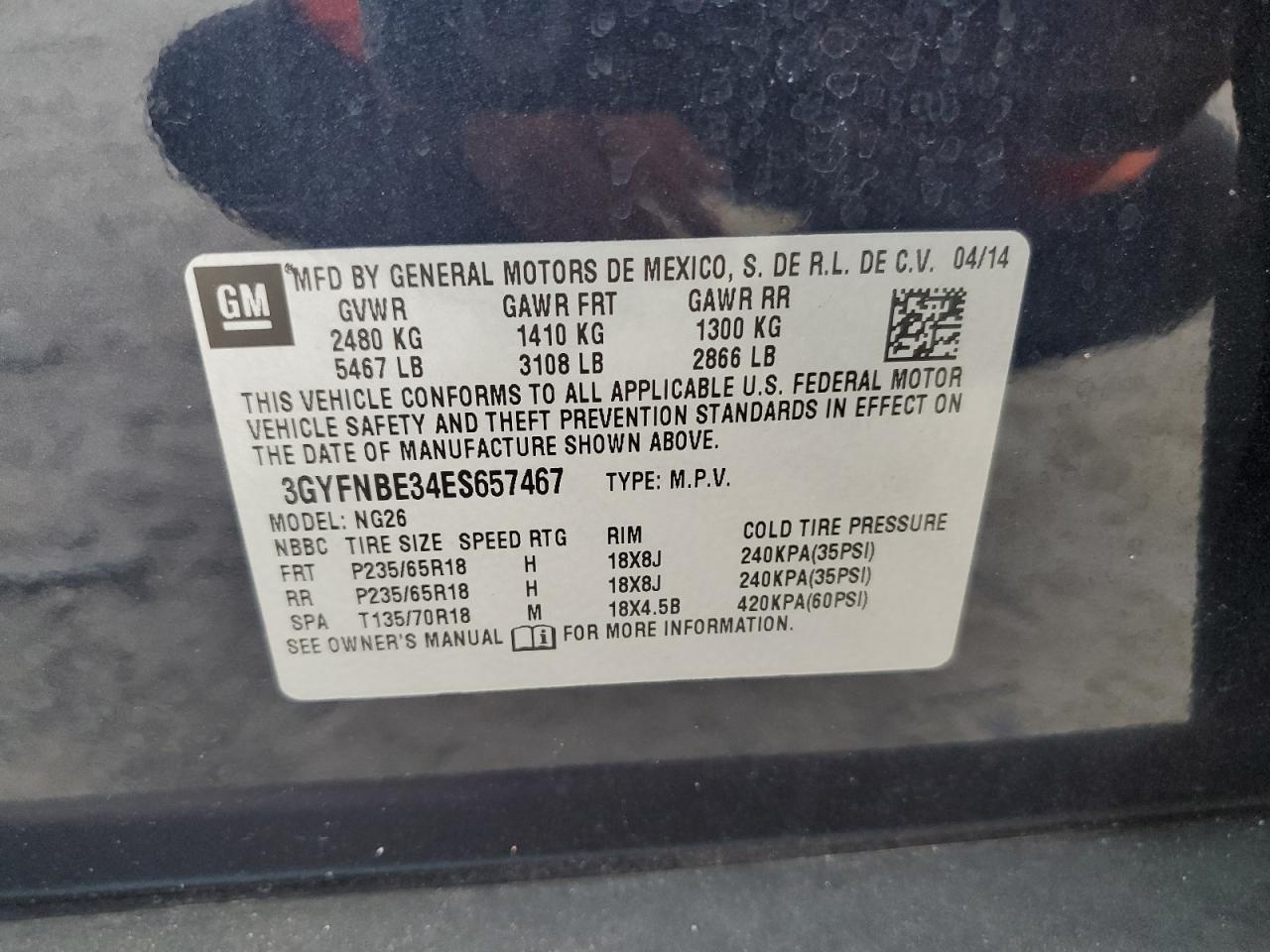 2014 Cadillac Srx Luxury Collection VIN: 3GYFNBE34ES657467 Lot: 63385274