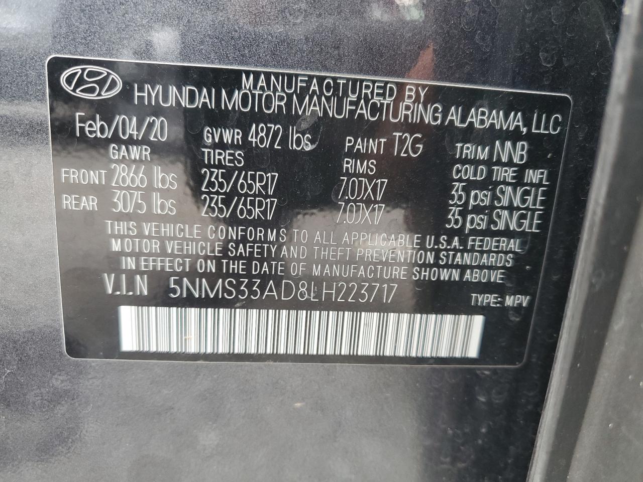 5NMS33AD8LH223717 2020 Hyundai Santa Fe Sel