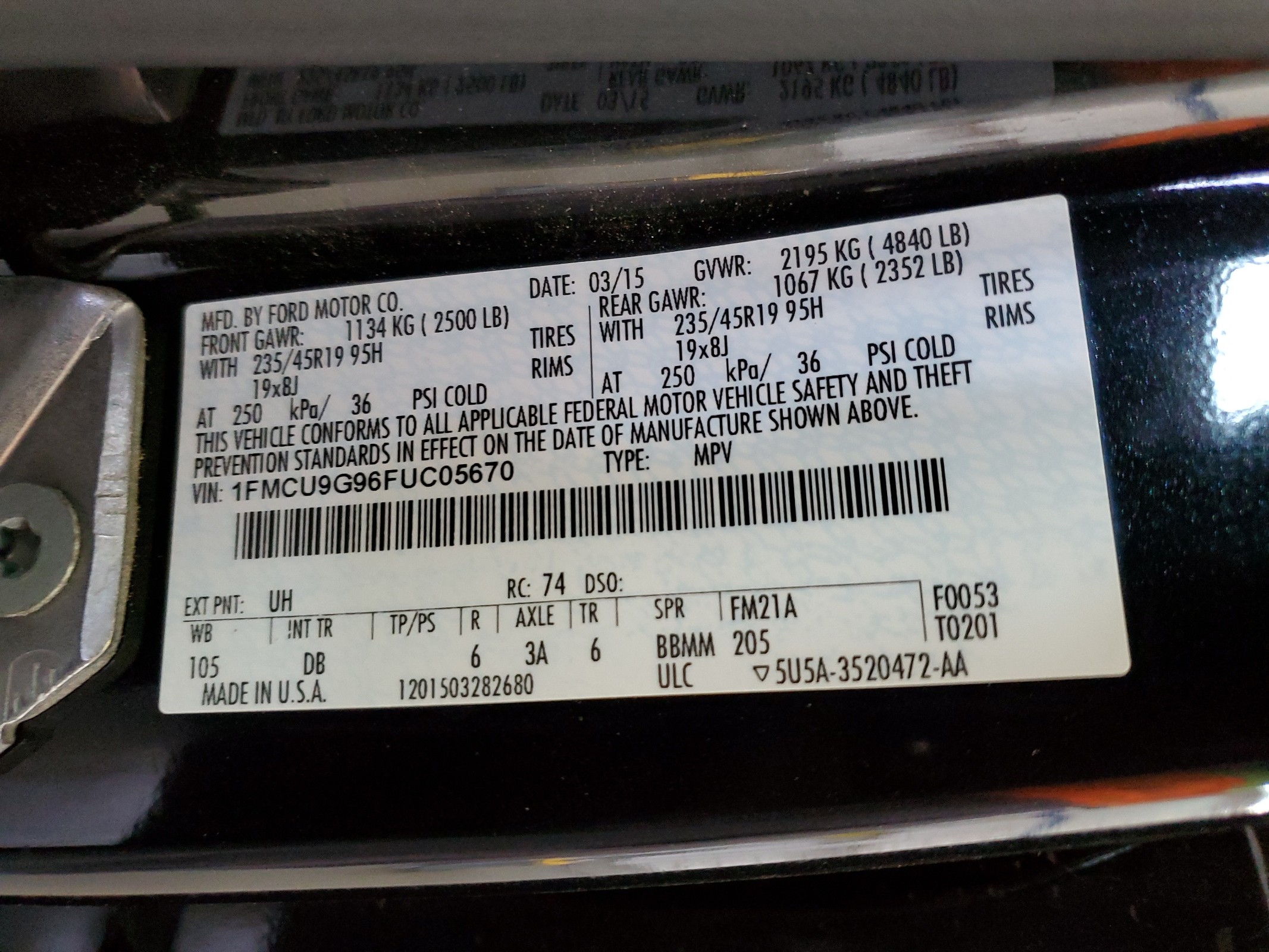 1FMCU9G96FUC05670 2015 Ford Escape Se