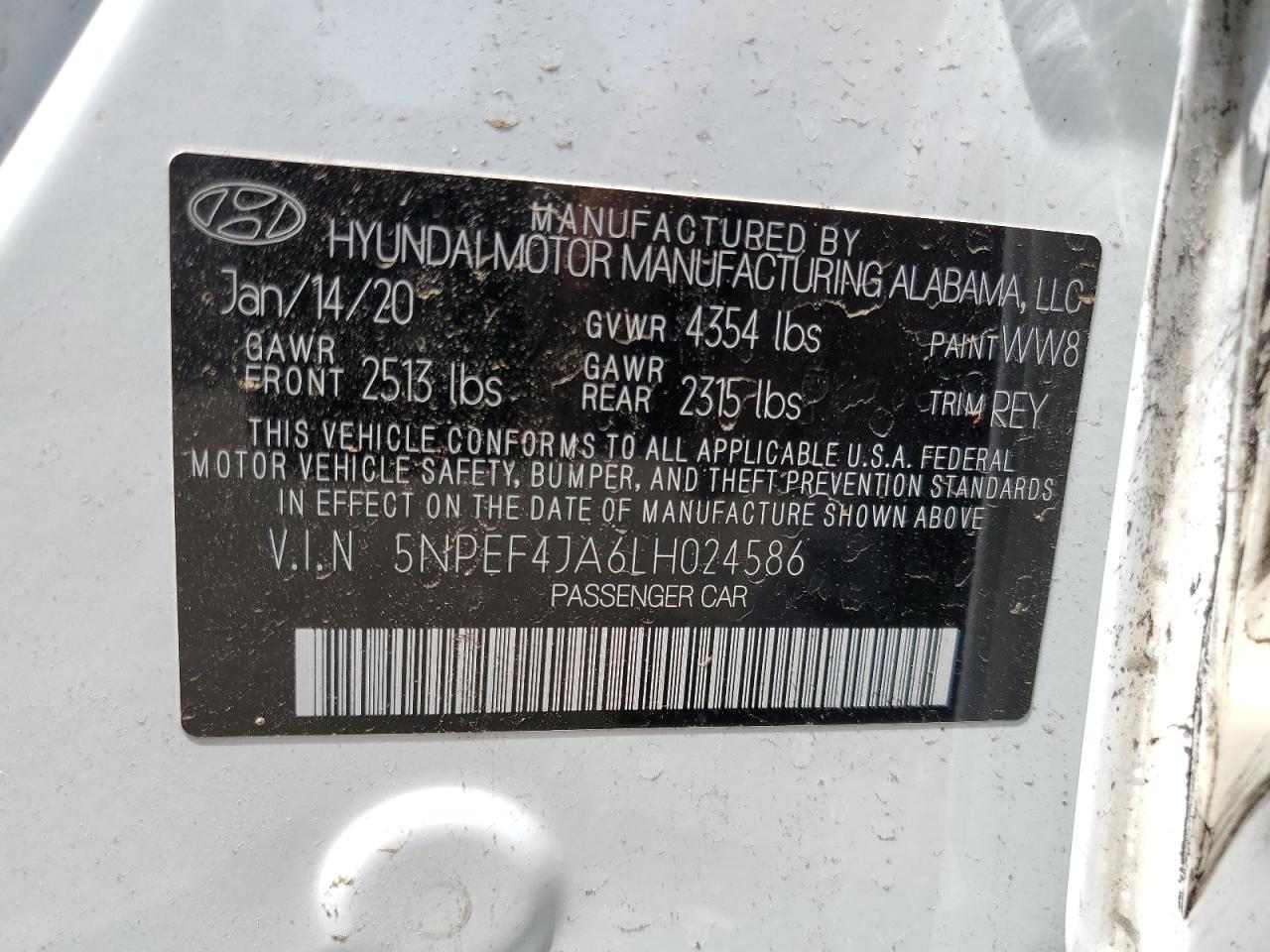 2020 Hyundai Sonata Sel VIN: 5NPEF4JA6LH024586 Lot: 63094514