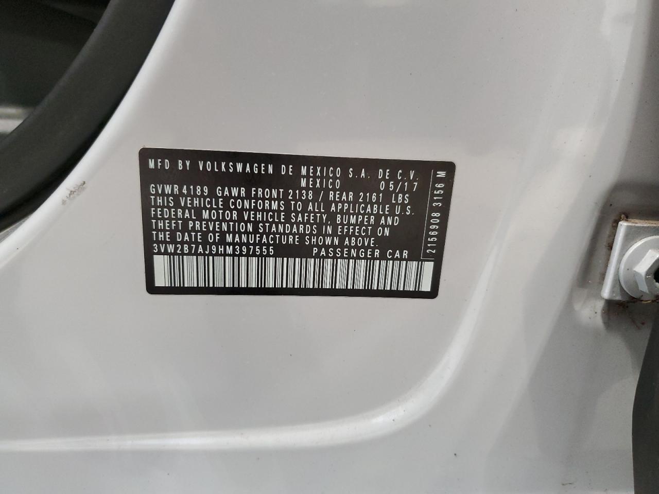 2017 Volkswagen Jetta S VIN: 3VW2B7AJ9HM397555 Lot: 64222294