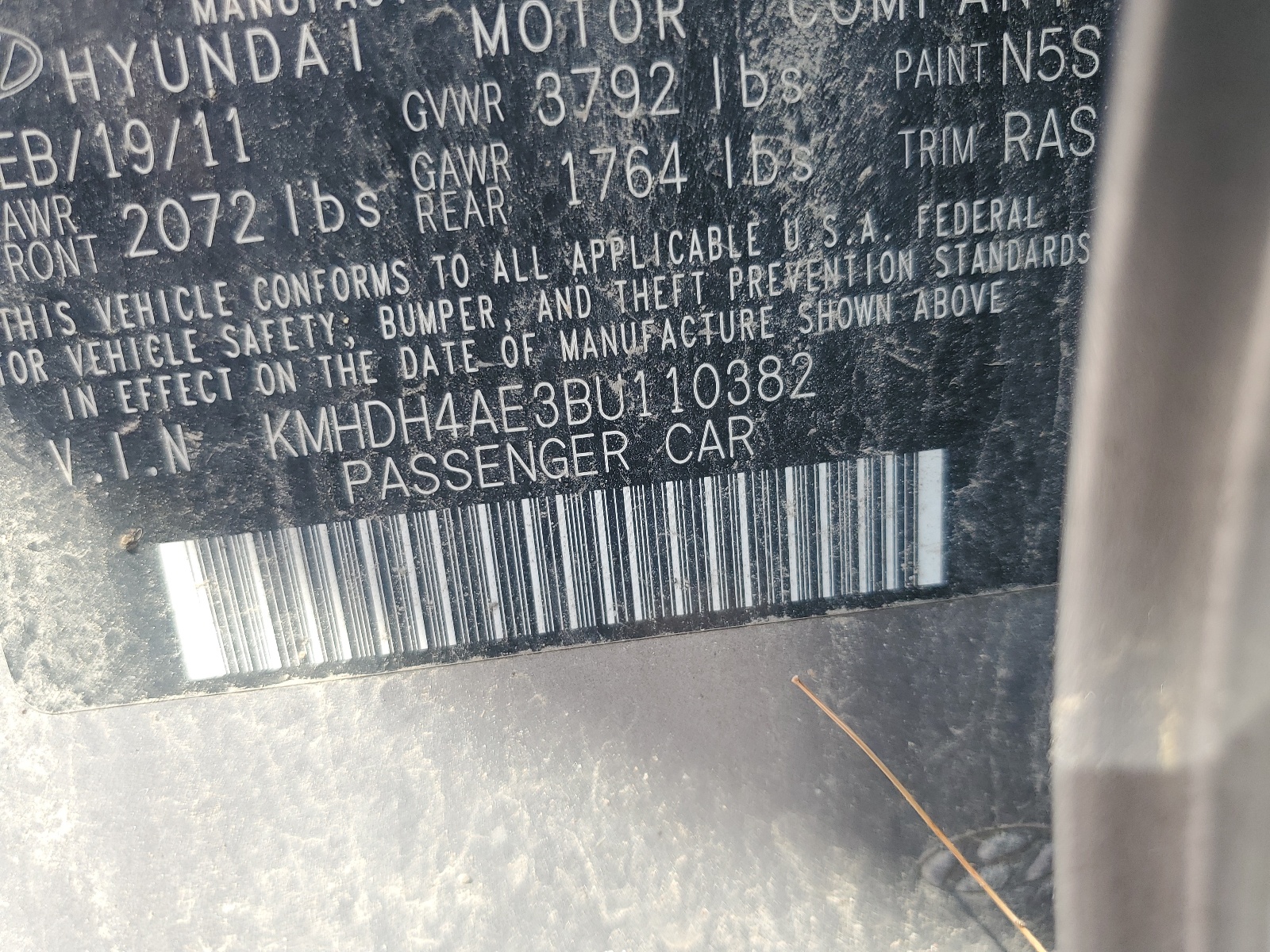 KMHDH4AE3BU110382 2011 Hyundai Elantra Gls