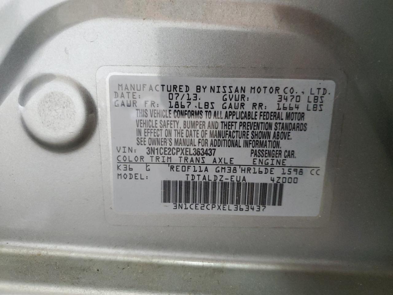 3N1CE2CPXEL363437 2014 Nissan Versa Note S