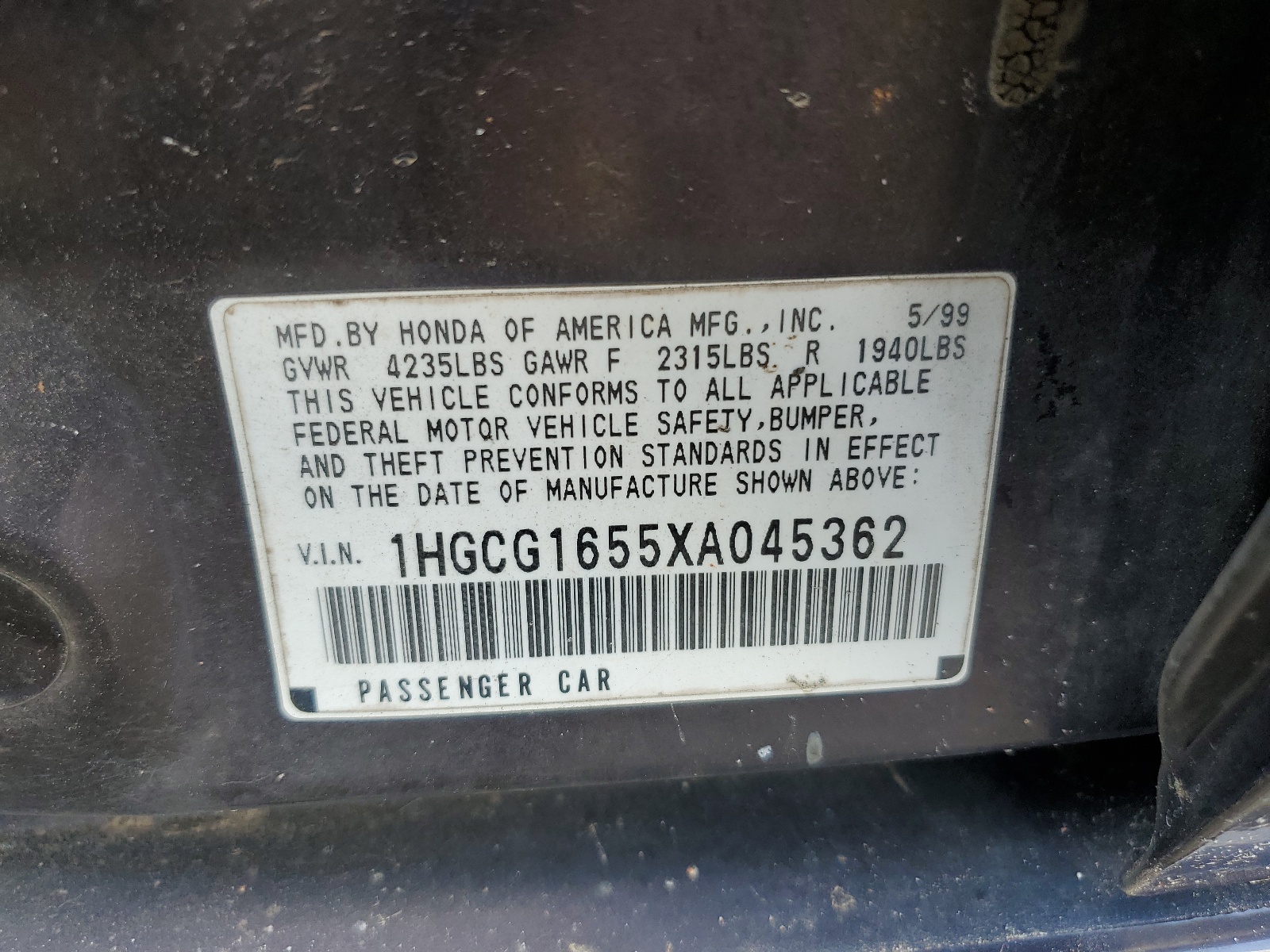 1HGCG1655XA045362 1999 Honda Accord Ex