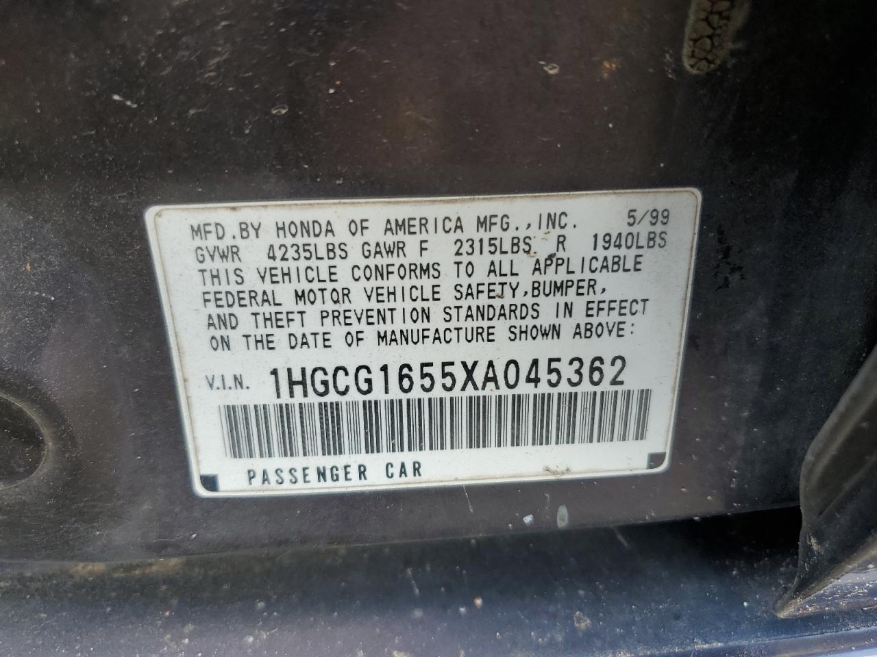 1999 Honda Accord Ex VIN: 1HGCG1655XA045362 Lot: 62763534