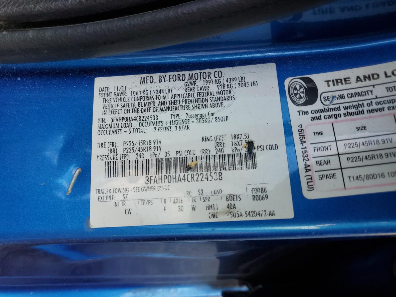 2012 Ford Fusion Se VIN: 3FAHP0HA4CR224538 Lot: 63553414