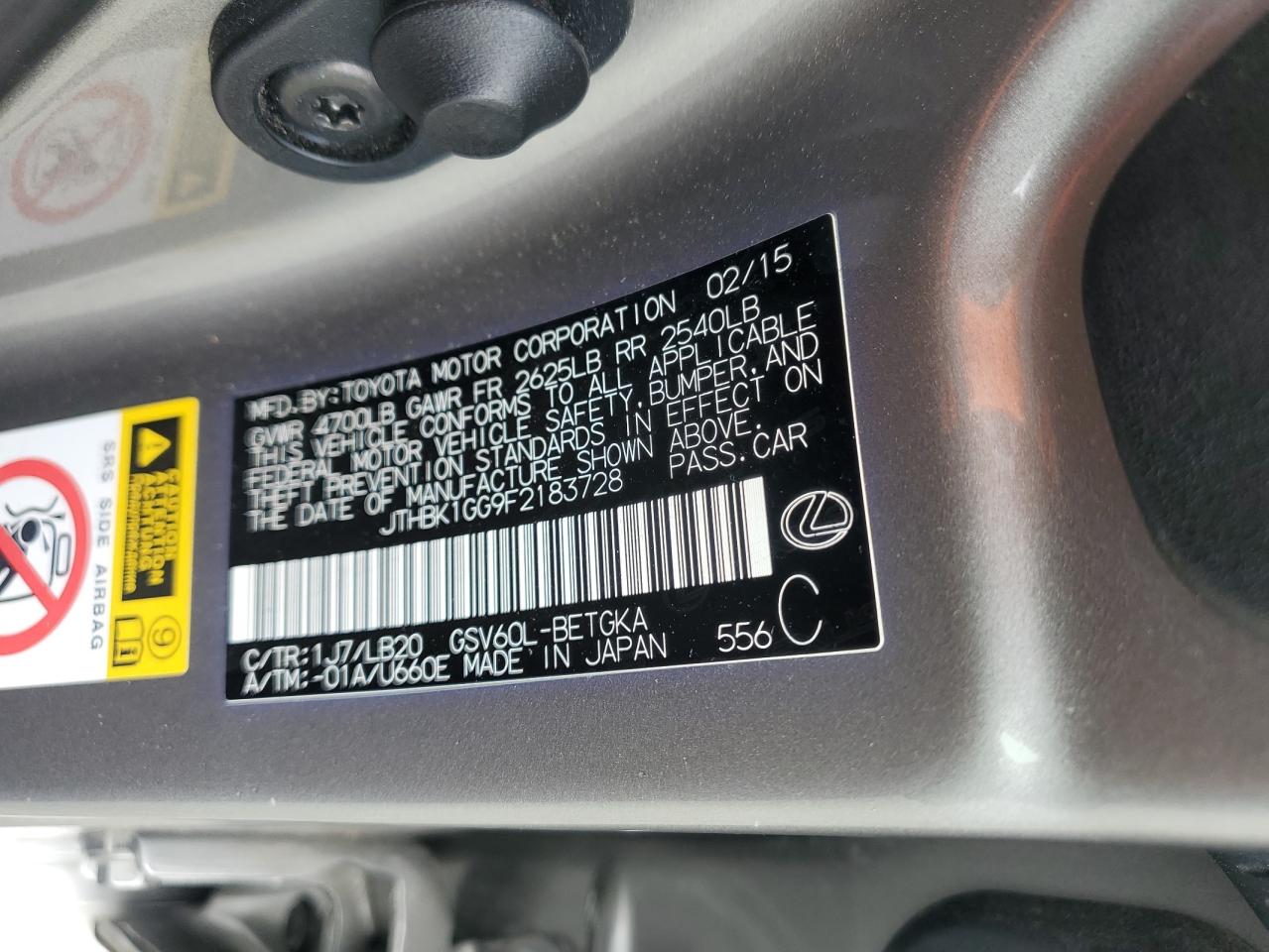 2015 Lexus Es 350 VIN: JTHBK1GG9F2183728 Lot: 64351264