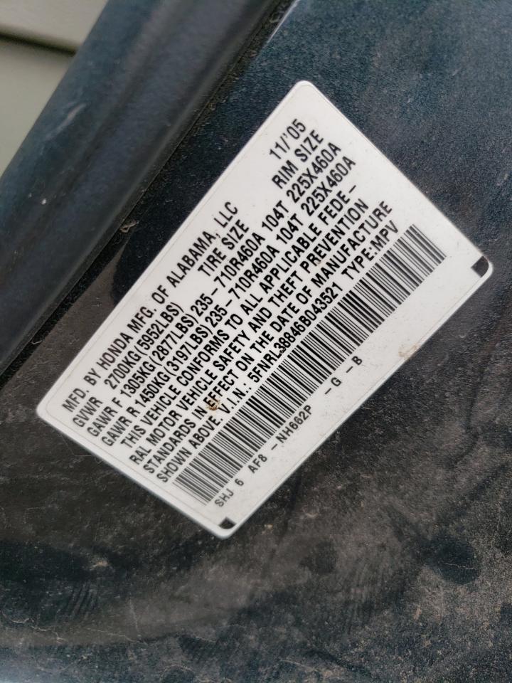 2006 Honda Odyssey Touring VIN: 5FNRL38846B043521 Lot: 64062834