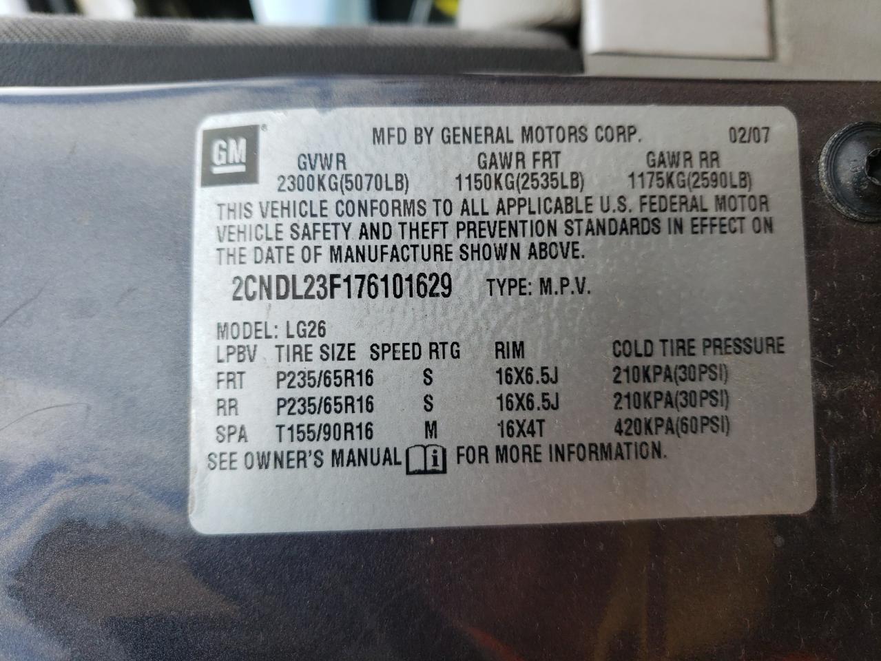 2007 Chevrolet Equinox Ls VIN: 2CNDL23F176101629 Lot: 63537724