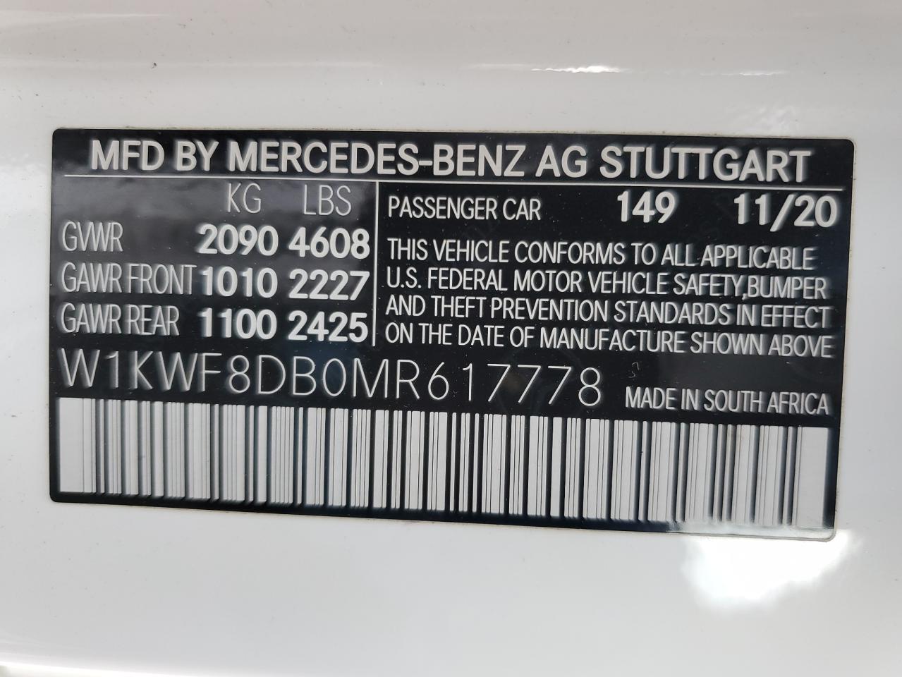 2021 Mercedes-Benz C 300 VIN: W1KWF8DB0MR617778 Lot: 63124724