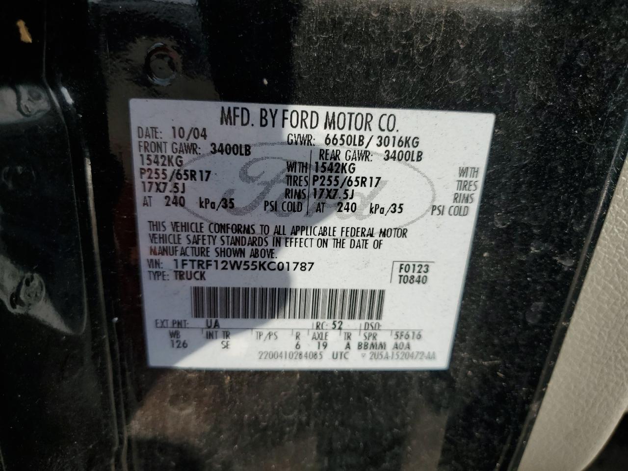 2005 Ford F150 VIN: 1FTRF12W55KC01787 Lot: 65271984