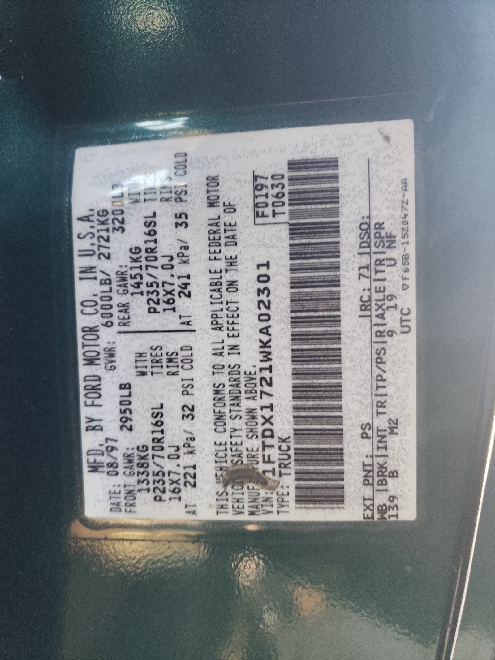 1FTDX1721WKA02301 1998 Ford F150