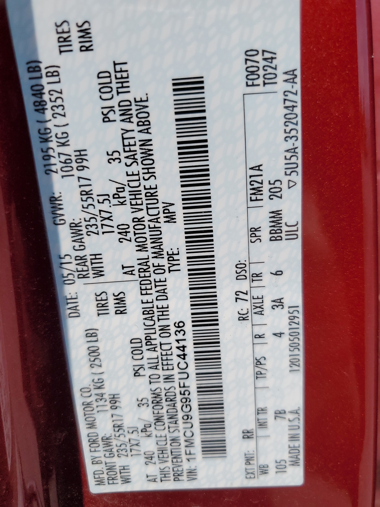 1FMCU9G95FUC44136 2015 Ford Escape Se