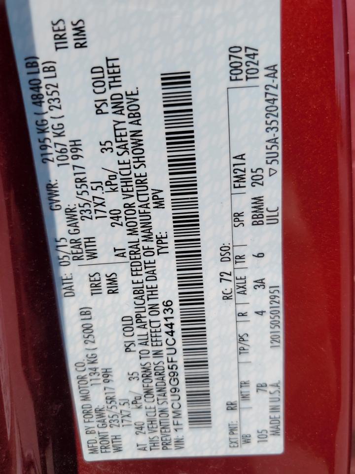 2015 Ford Escape Se VIN: 1FMCU9G95FUC44136 Lot: 62016514