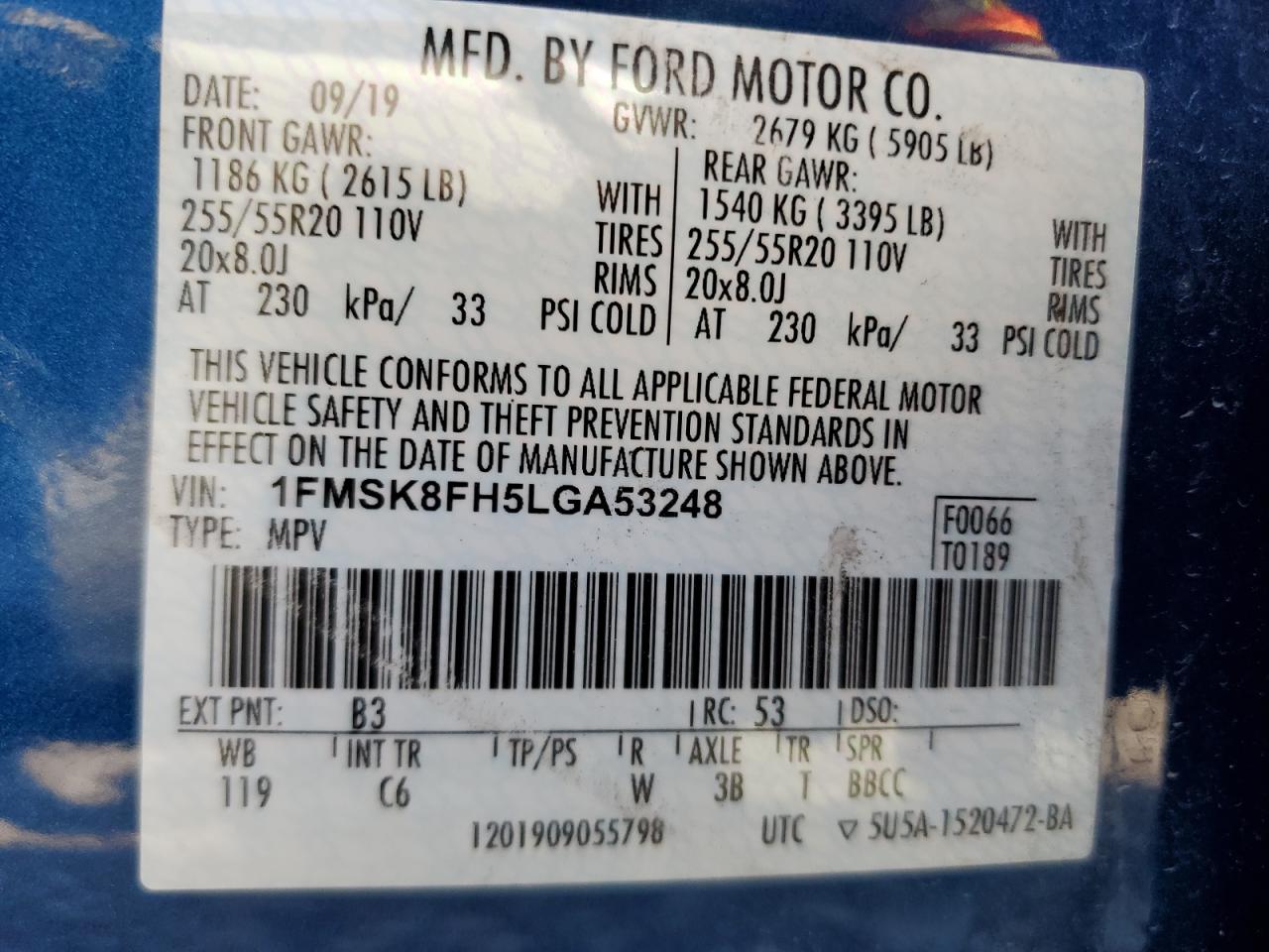 2020 Ford Explorer Limited VIN: 1FMSK8FH5LGA53248 Lot: 64982484