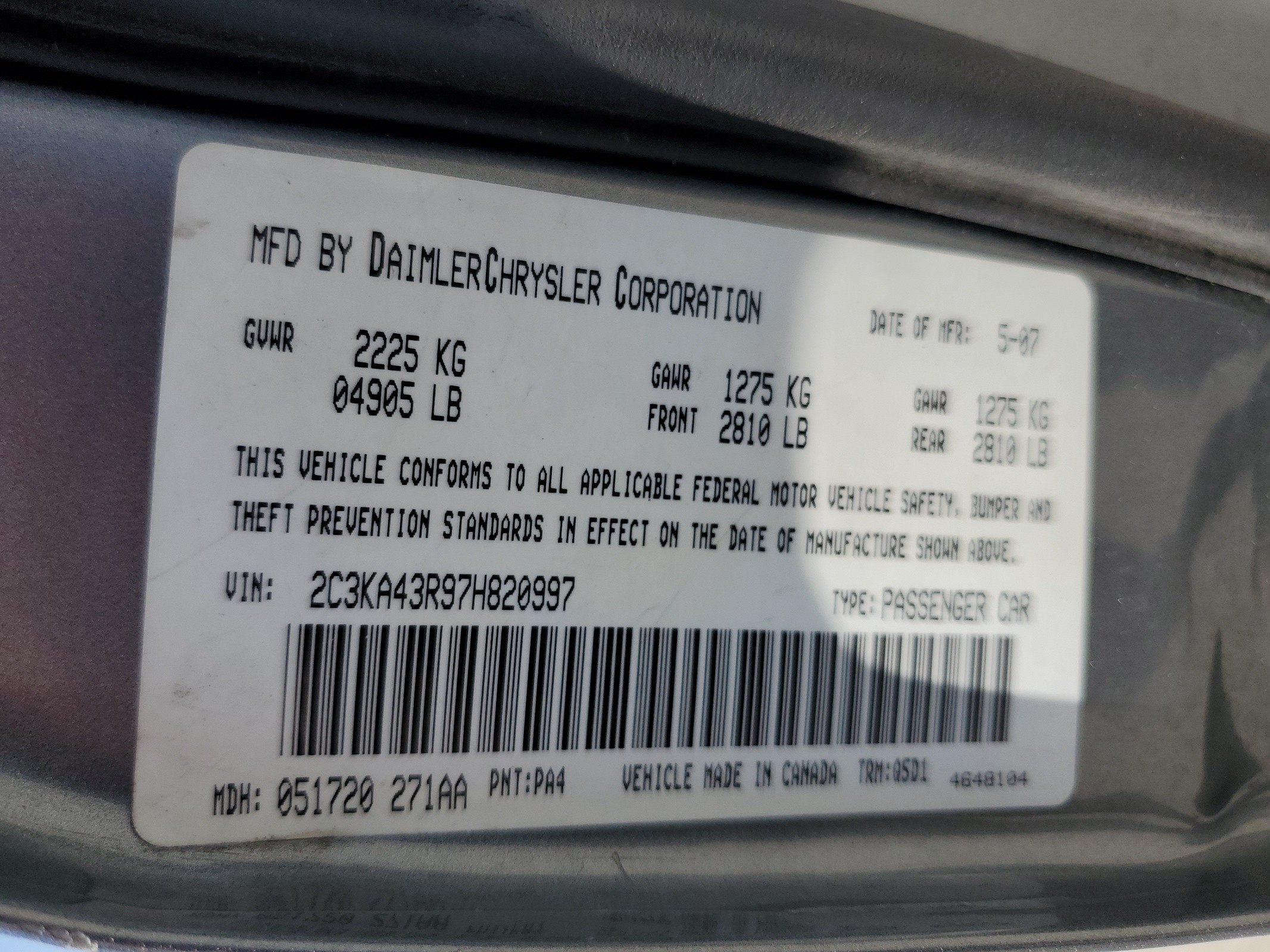 2C3KA43R97H820997 2007 Chrysler 300