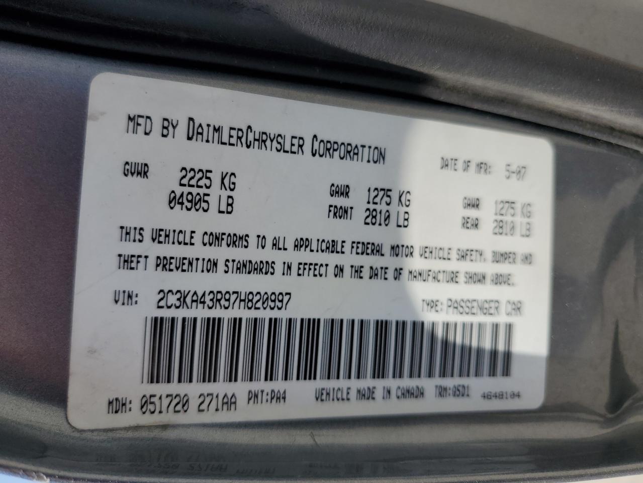 2007 Chrysler 300 VIN: 2C3KA43R97H820997 Lot: 65181174