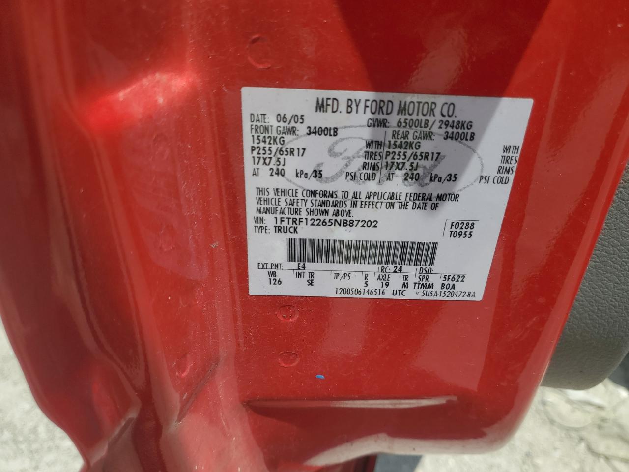 2005 Ford F150 VIN: 1FTRF12265NB87202 Lot: 64357154
