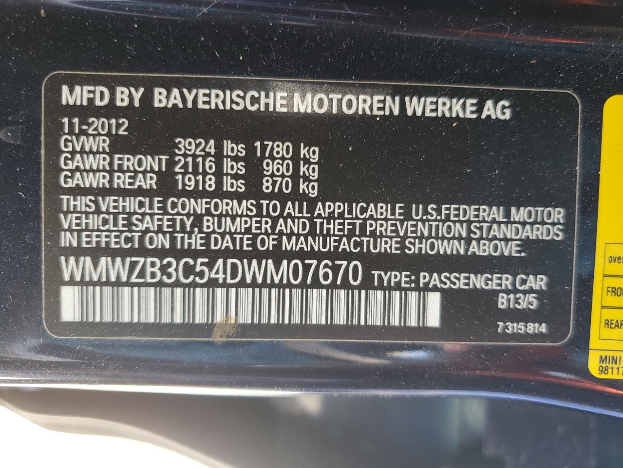 2013 Mini Cooper Countryman VIN: WMWZB3C54DWM07670 Lot: 61682434