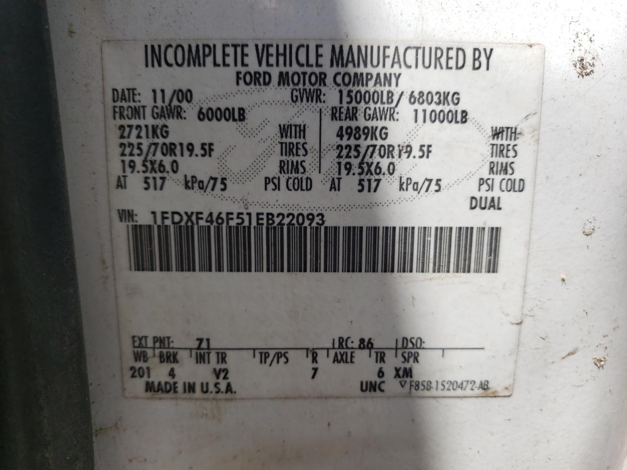 2001 Ford F450 Super Duty VIN: 1FDXF46F51EB22093 Lot: 66890084