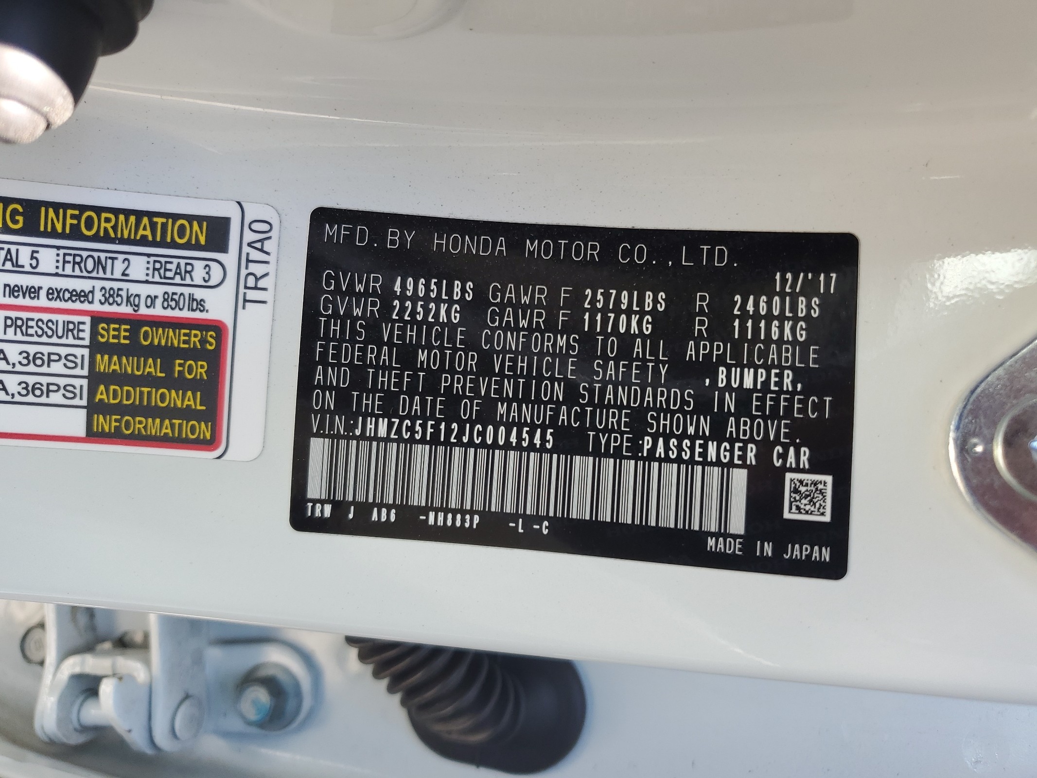 JHMZC5F12JC004545 2018 Honda Clarity