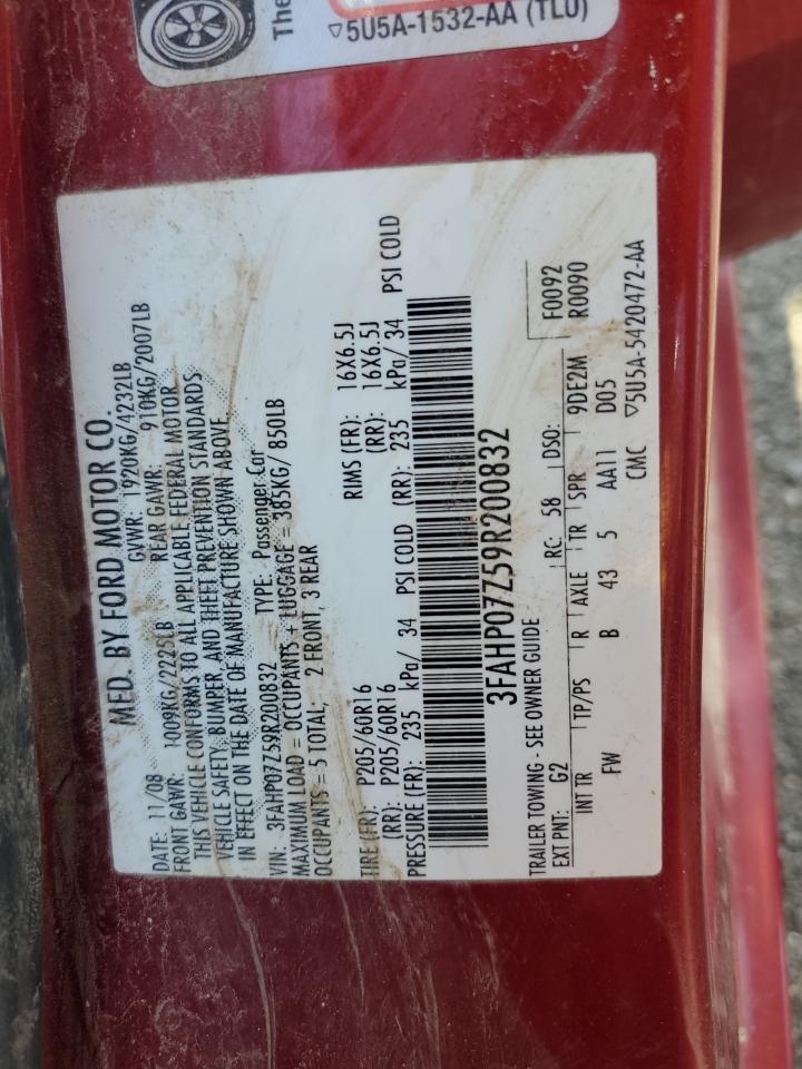 2009 Ford Fusion Se VIN: 3FAHP07Z59R200832 Lot: 61949524