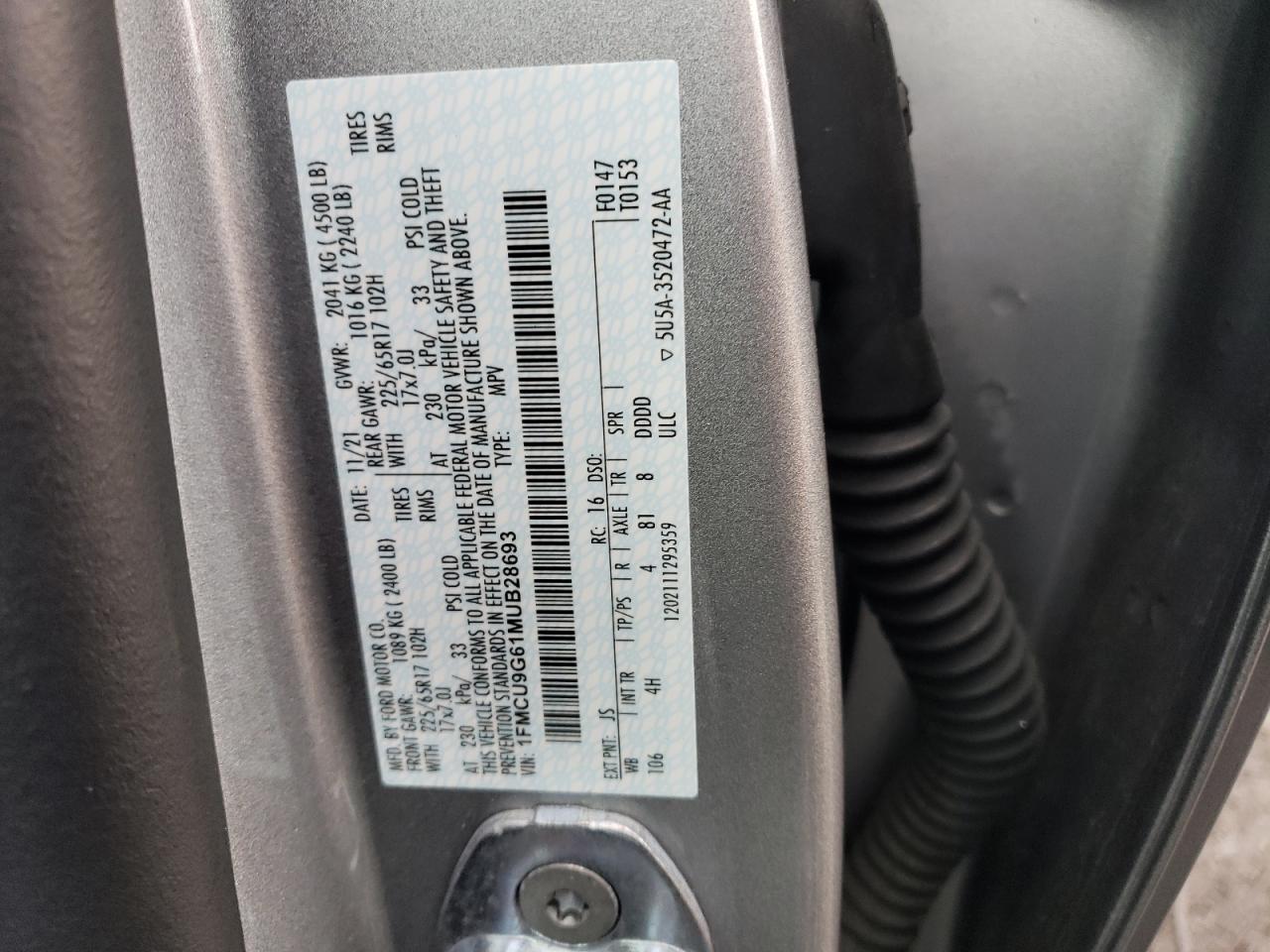 2021 Ford Escape Se VIN: 1FMCU9G61MUB28693 Lot: 63499424