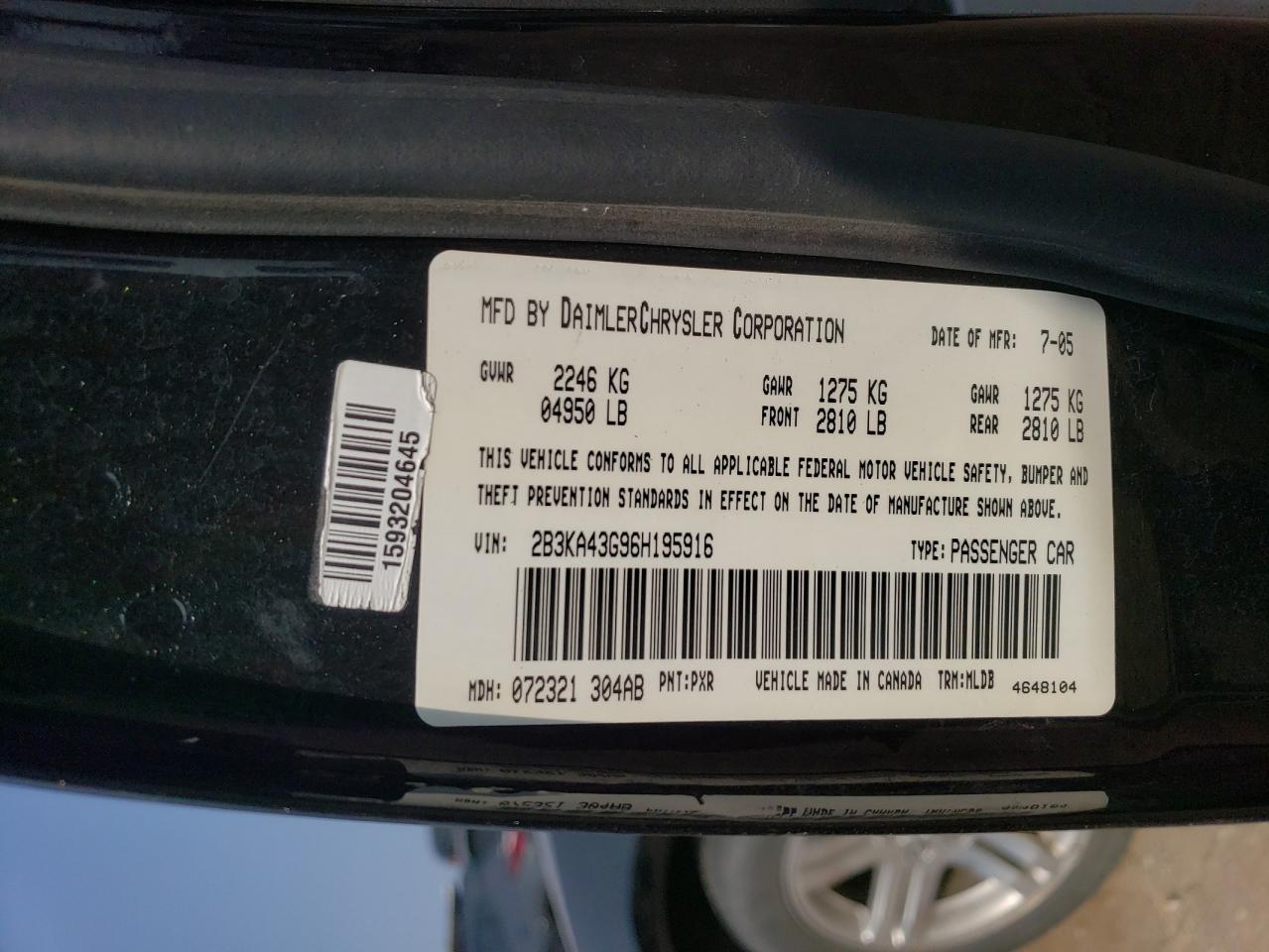 2006 Dodge Charger Se VIN: 2B3KA43G96H195916 Lot: 64445244