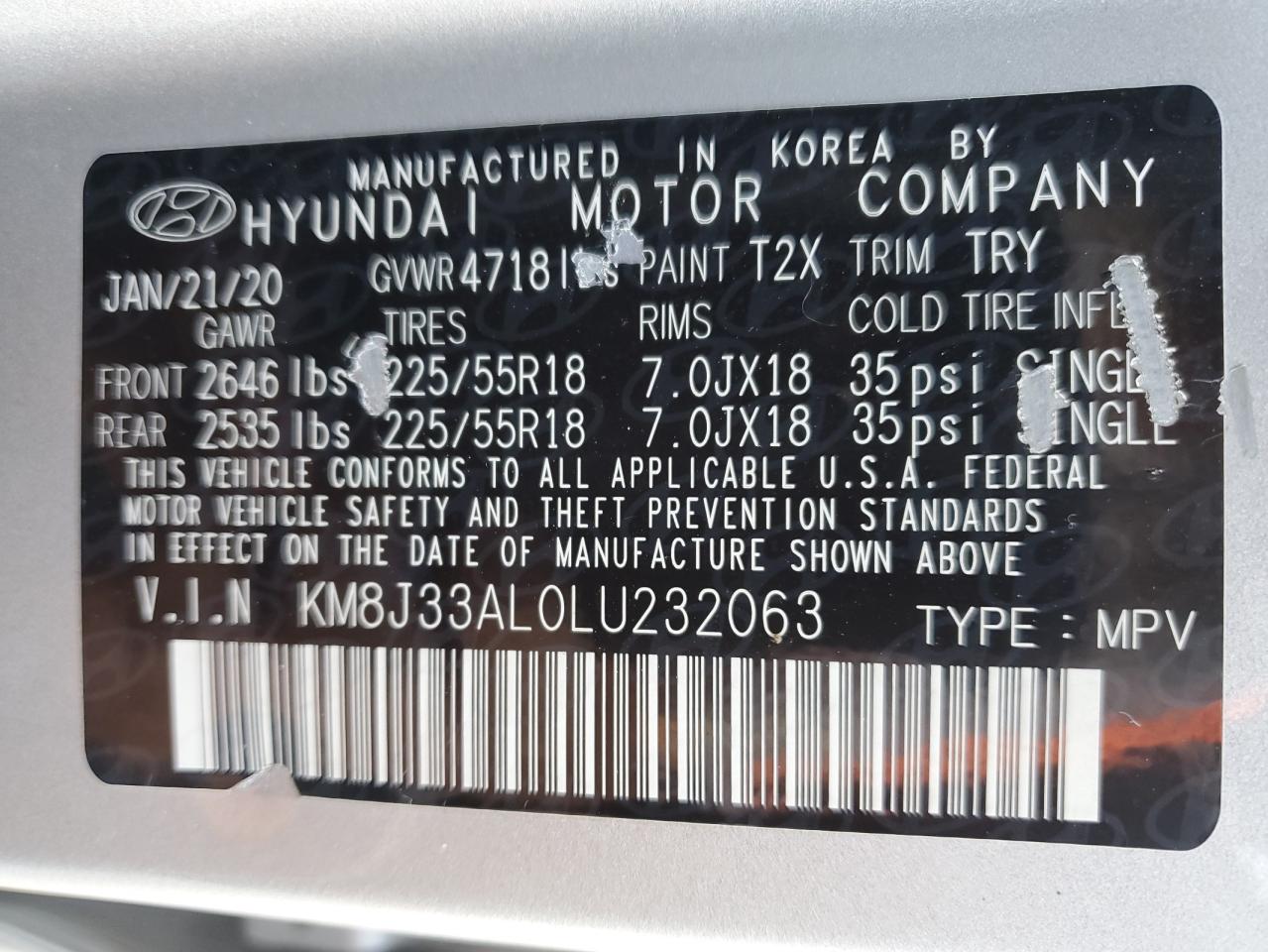 2020 Hyundai Tucson Limited VIN: KM8J33AL0LU232063 Lot: 64844964