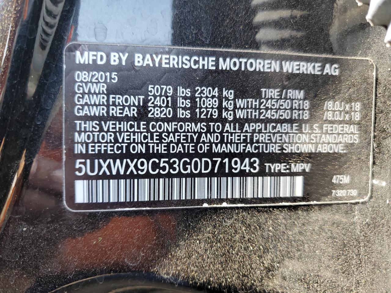 2016 BMW X3 xDrive28I VIN: 5UXWX9C53G0D71943 Lot: 62618964