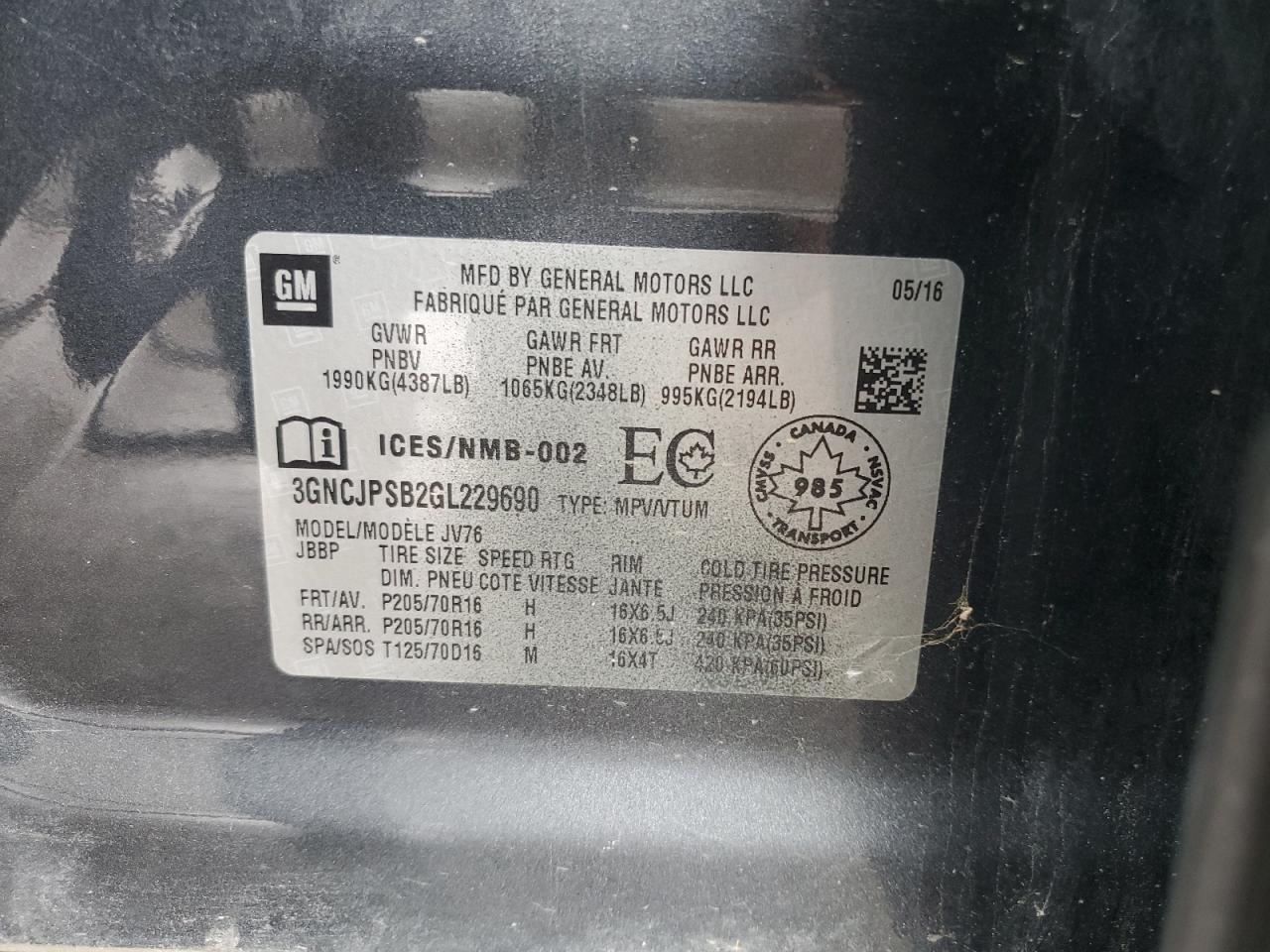 2016 Chevrolet Trax 1Lt VIN: 3GNCJPSB2GL229690 Lot: 63328774