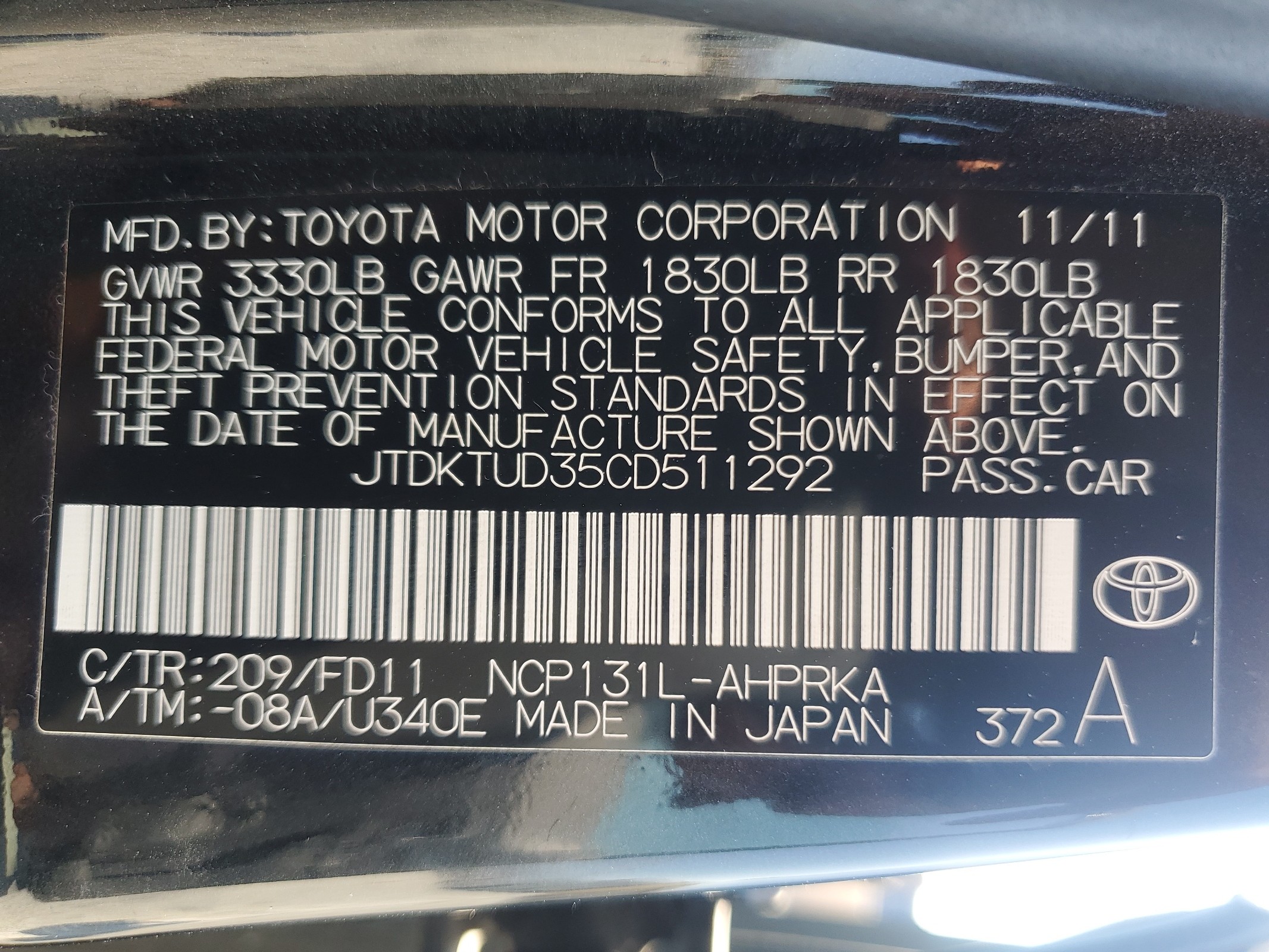 JTDKTUD35CD511292 2012 Toyota Yaris