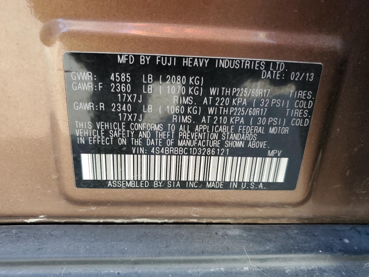 2013 Subaru Outback 2.5I Premium VIN: 4S4BRBBC1D3286121 Lot: 63070824