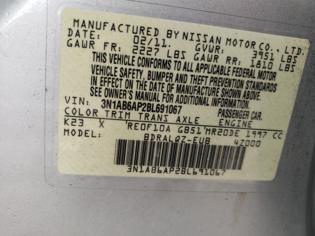 2011 Nissan Sentra 2.0 VIN: 3N1AB6AP2BL691067 Lot: 64629254