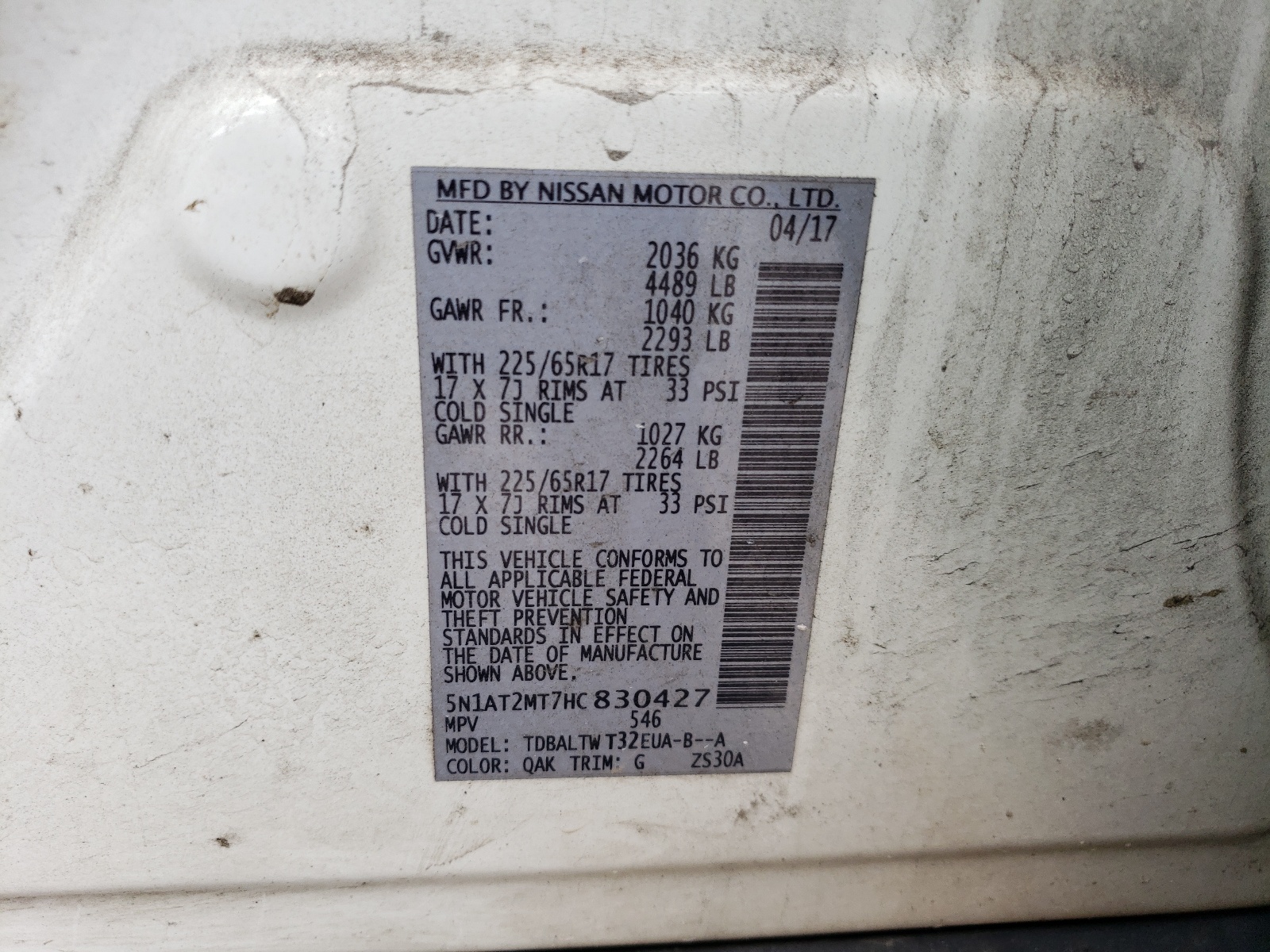 5N1AT2MT7HC830427 2017 Nissan Rogue S