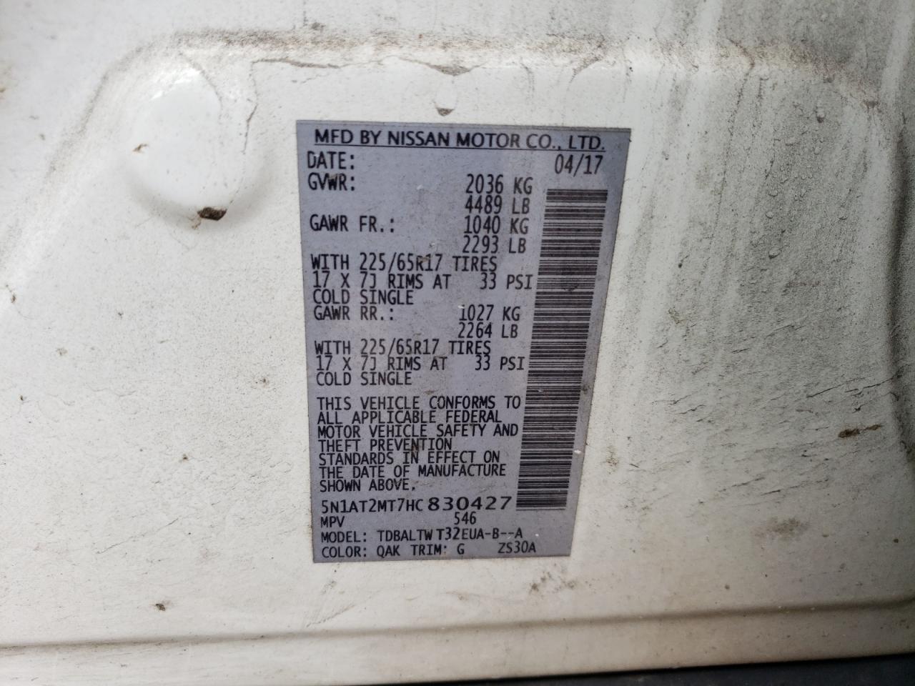 2017 Nissan Rogue S VIN: 5N1AT2MT7HC830427 Lot: 64641794