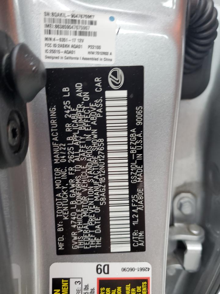 2022 Lexus Es 350 Base VIN: 58AGZ1B12NU127658 Lot: 64458614