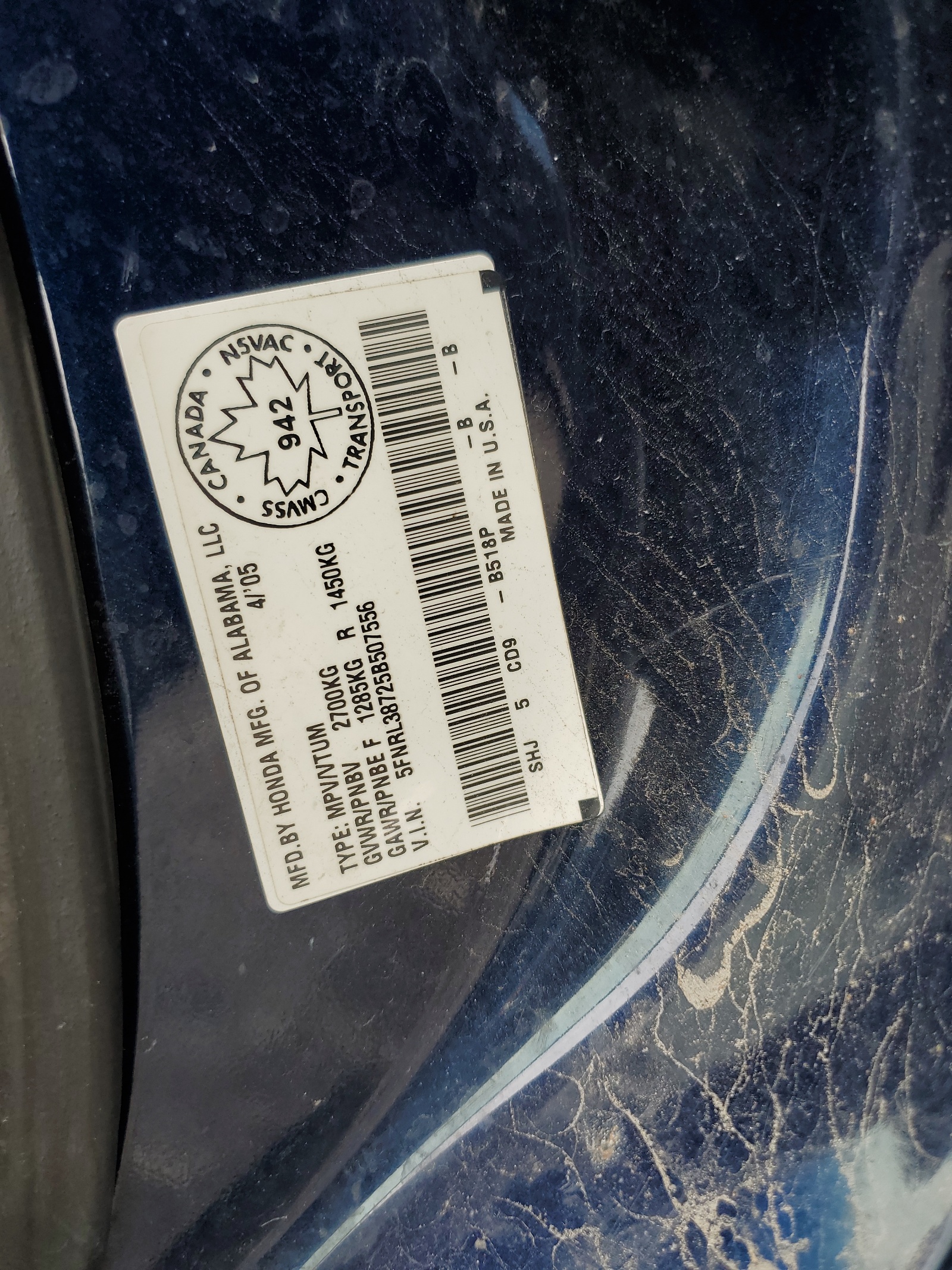 5FNRL38725B507556 2005 Honda Odyssey Exl