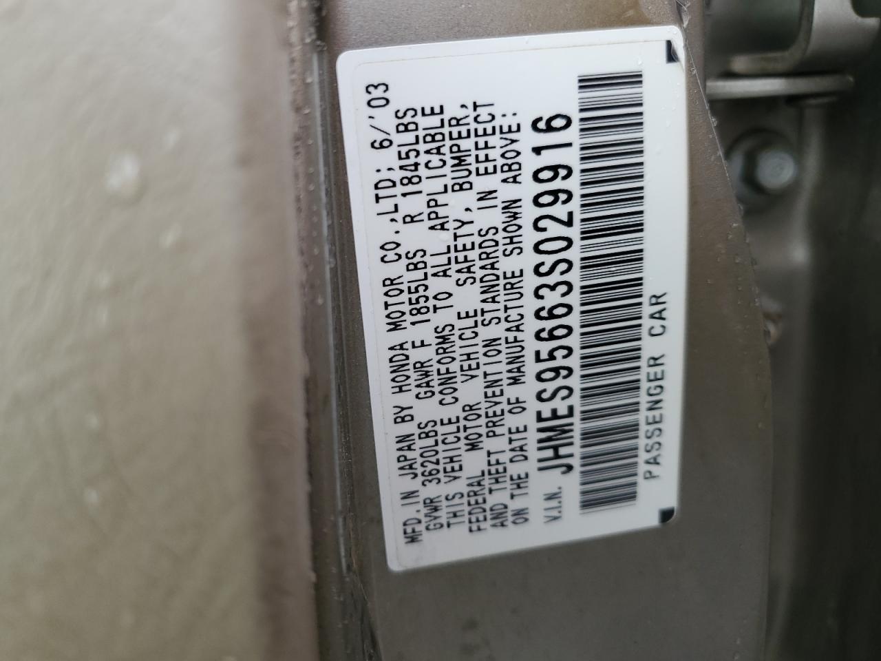 2003 Honda Civic Hybrid VIN: JHMES95663S029916 Lot: 63419864