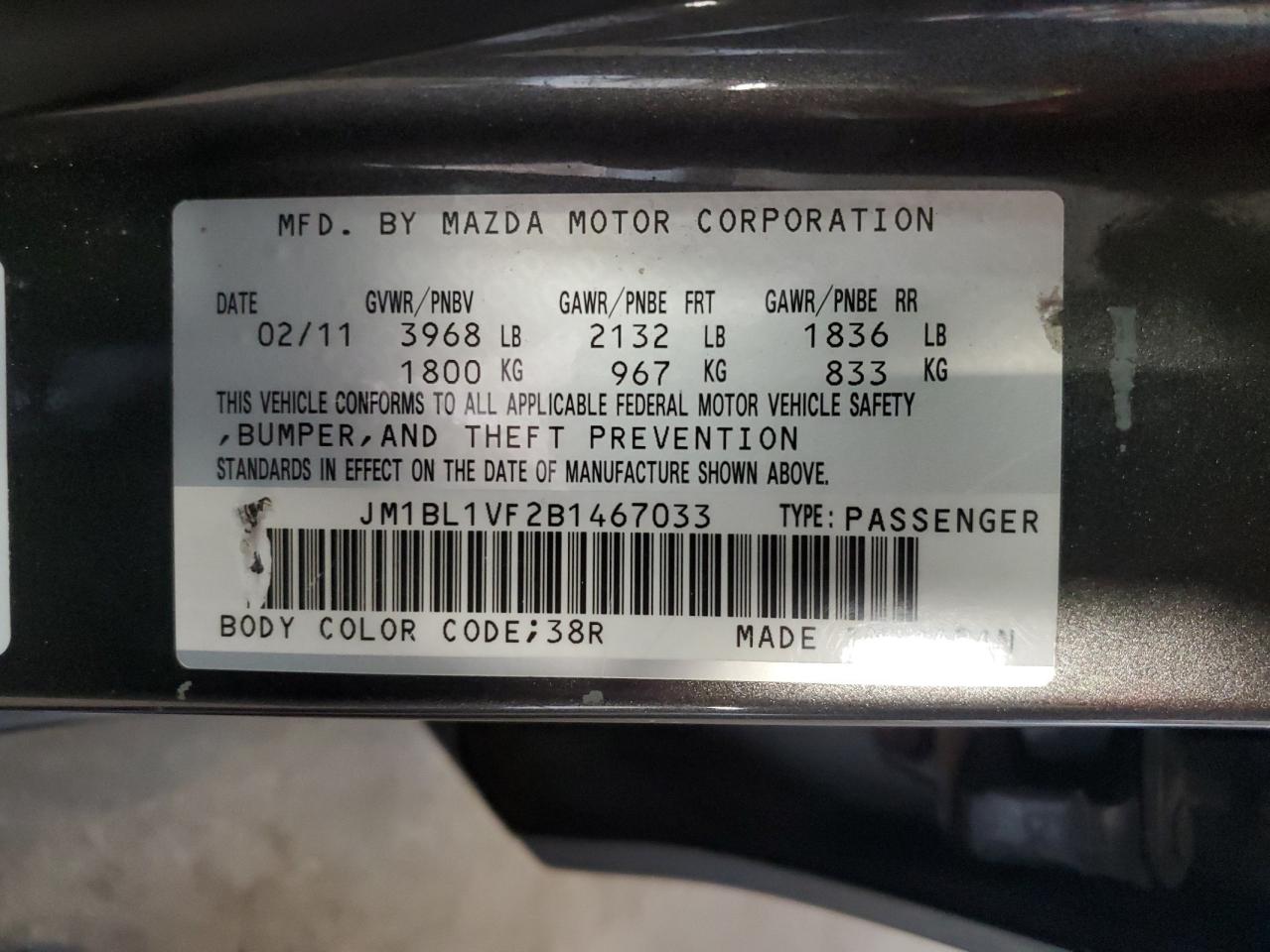 2011 Mazda 3 I VIN: JM1BL1VF2B1467033 Lot: 65059664