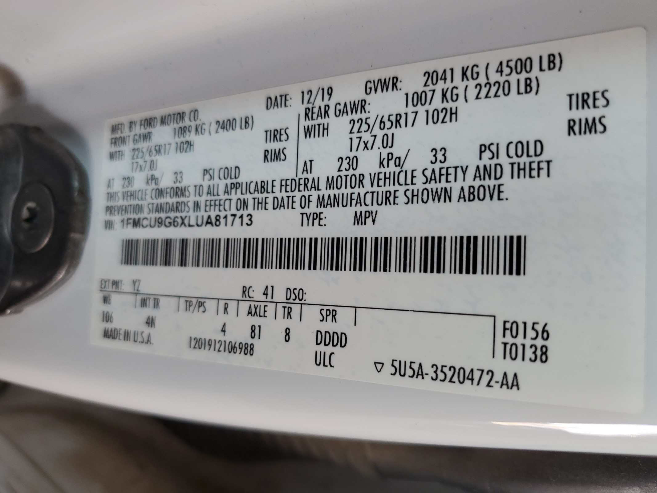 1FMCU9G6XLUA81713 2020 Ford Escape Se