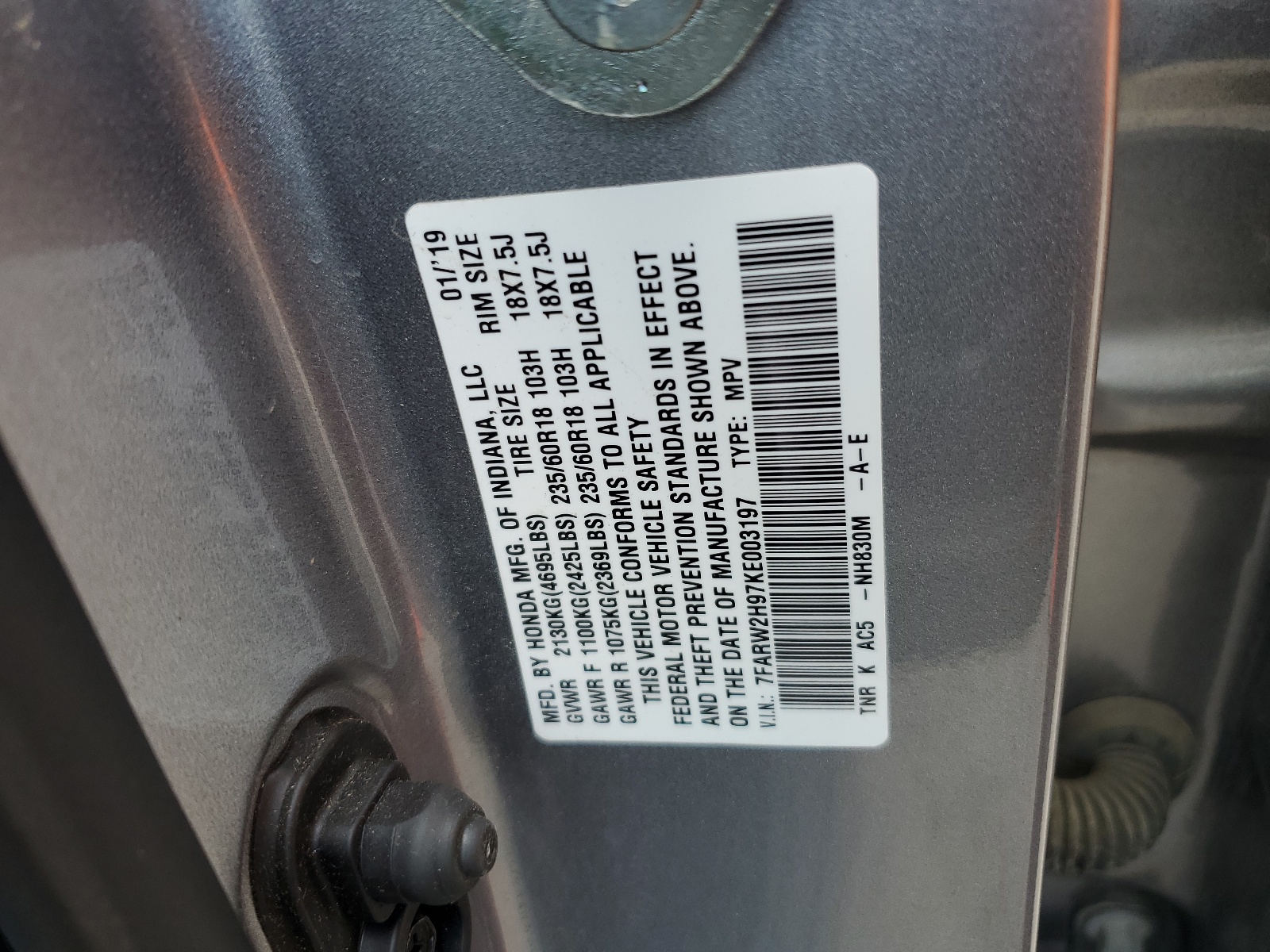 7FARW2H97KE003197 2019 Honda Cr-V Touring