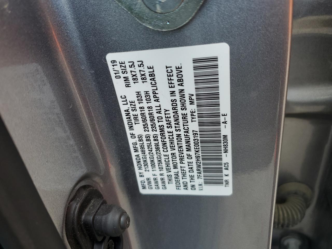 2019 Honda Cr-V Touring VIN: 7FARW2H97KE003197 Lot: 63826704