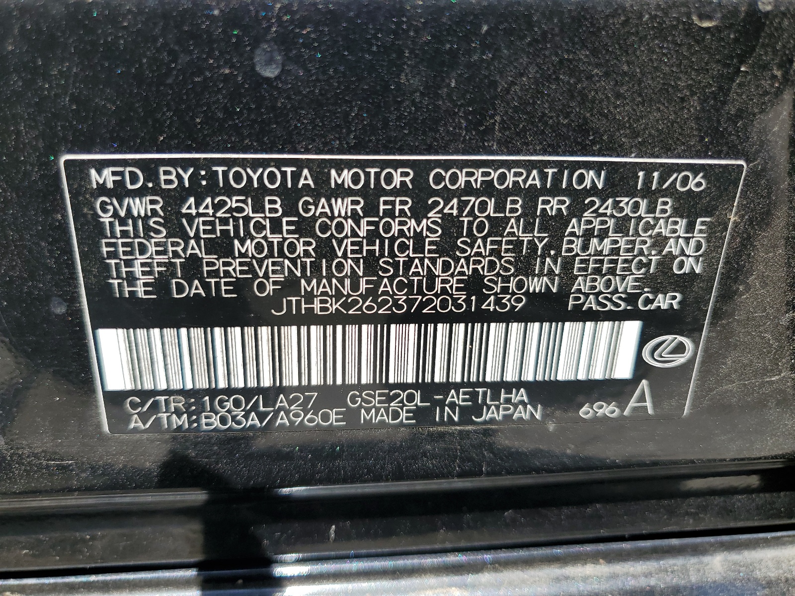 JTHBK262372031439 2007 Lexus Is 250